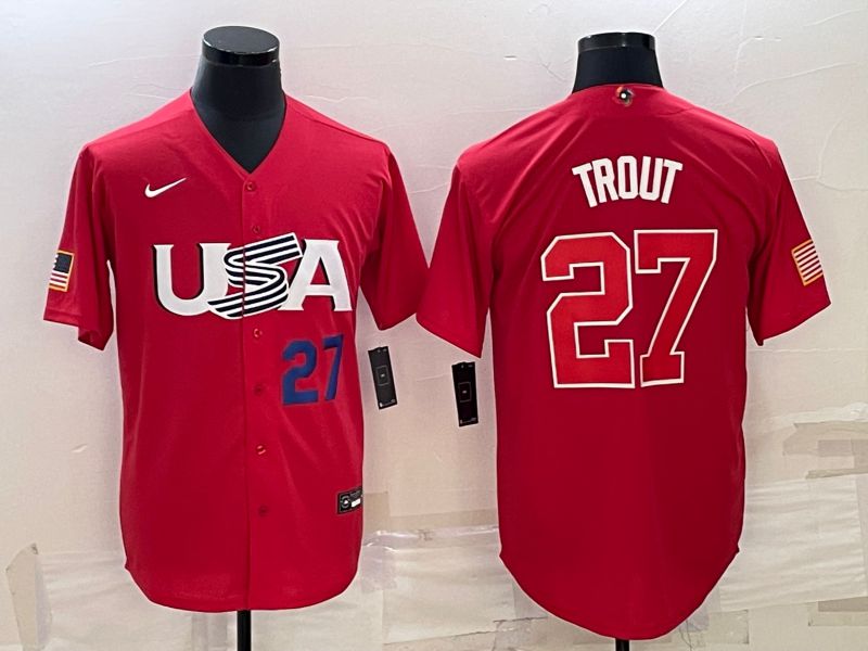 Men 2023 World Cub USA 27 Trout Red Nike MLB Jersey2